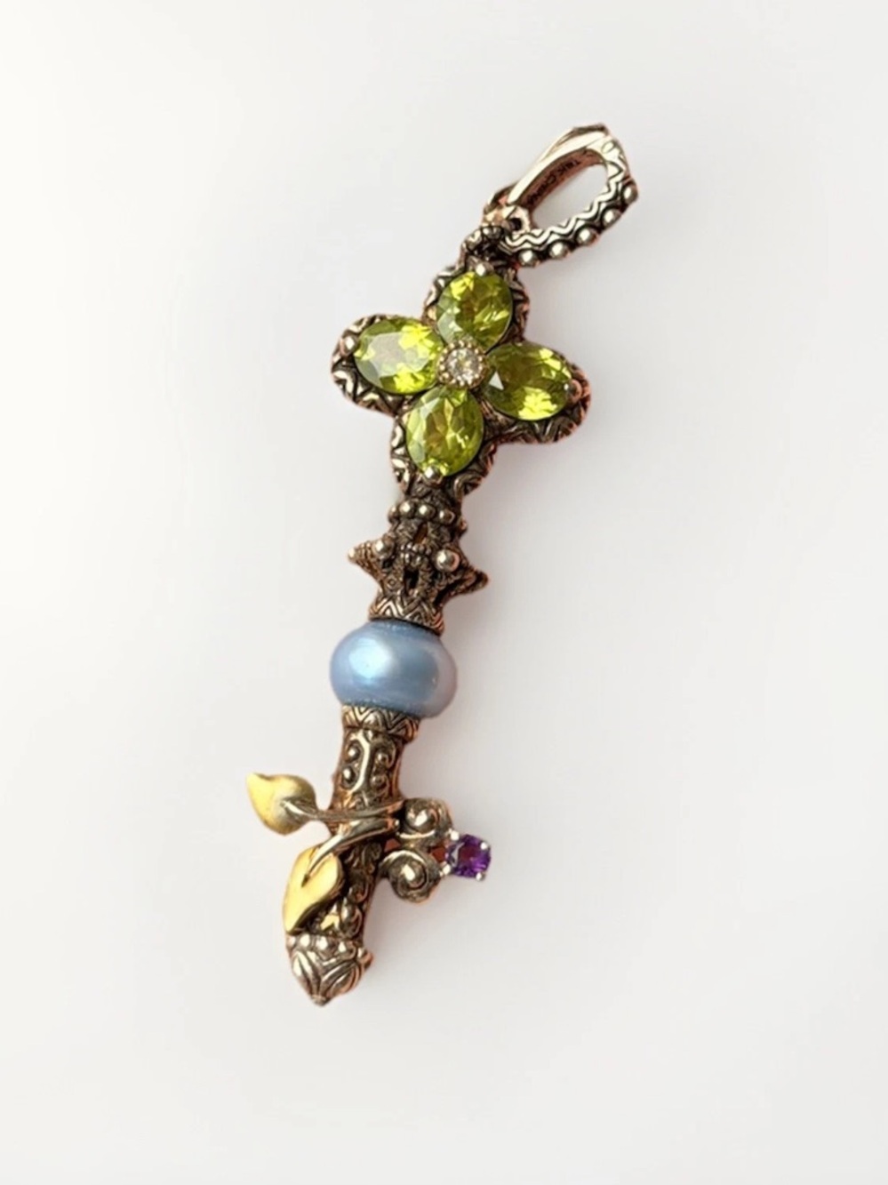 Barbara Bixby 18k/925 Silver Peridot Crystal CZ Amethyst Cross Enhancer Pendant